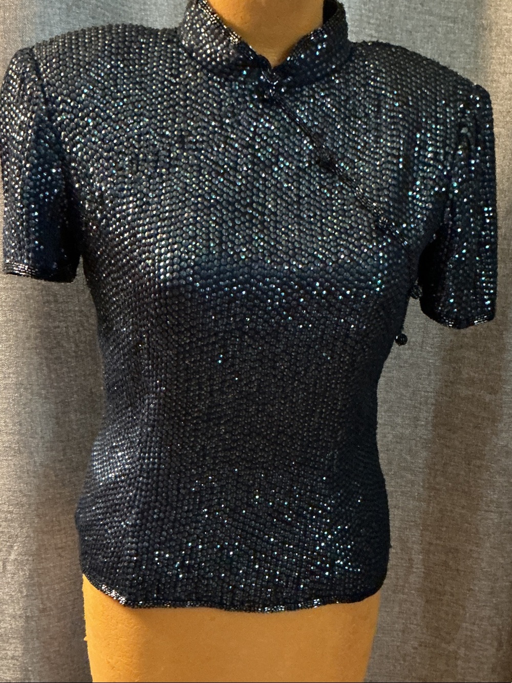 Adrianna Papell Black Sequin Mandarin Collar Short-Sleeve Top